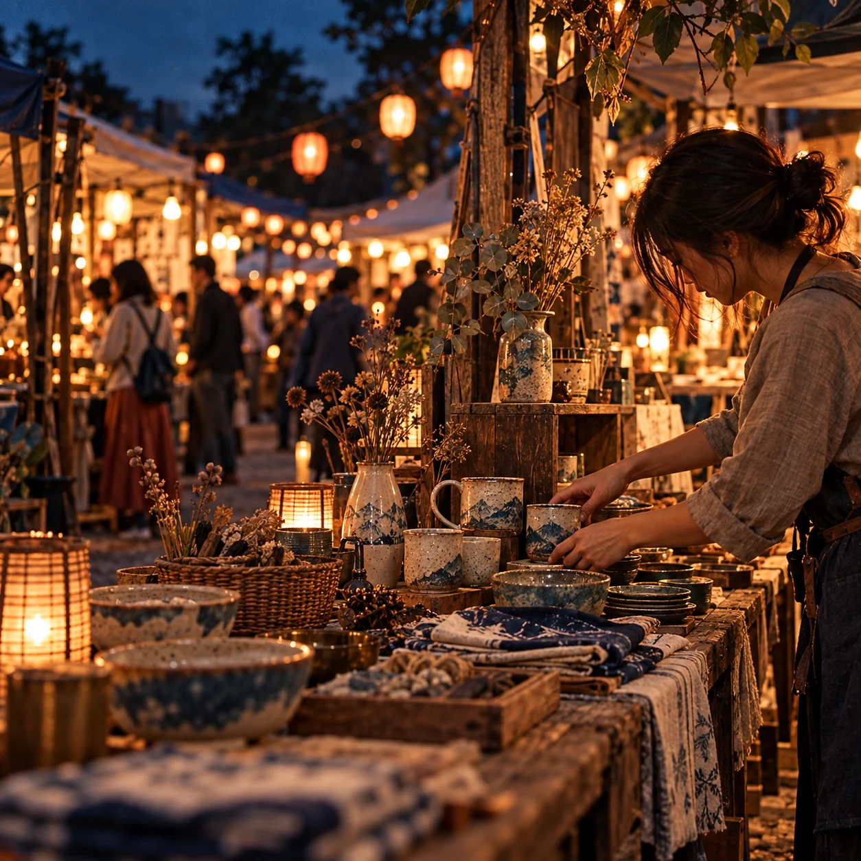 A maker arranging handmade ceramics at the market